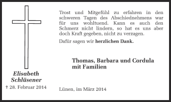 Traueranzeige von Elisabeth Schlüsener von Ruhr Nachrichten