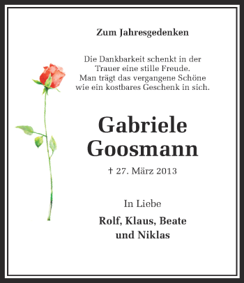 Traueranzeige von Gabriele Goosmann von Ruhr Nachrichten