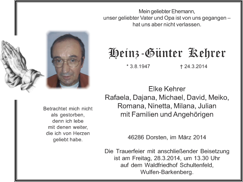  Traueranzeige für Heinz-Günter Kehrer vom 26.03.2014 aus Ruhr Nachrichten und Dorstener Zeitung