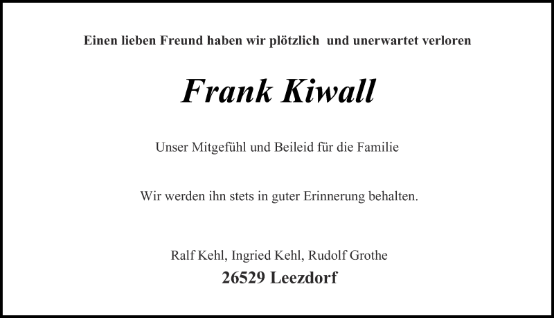  Traueranzeige für Frank Kiwall vom 29.03.2014 aus Ruhr Nachrichten