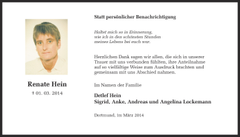 Traueranzeige von Renate Hein von Ruhr Nachrichten