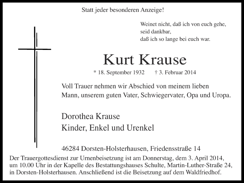  Traueranzeige für Kurt Krause vom 29.03.2014 aus Ruhr Nachrichten und Dorstener Zeitung