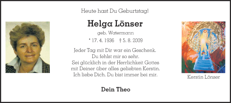  Traueranzeige für Helga Lönser vom 17.04.2014 aus Ruhr Nachrichten
