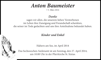 Traueranzeige von Anton Baumeister von Ruhr Nachrichten und Halterner Zeitung
