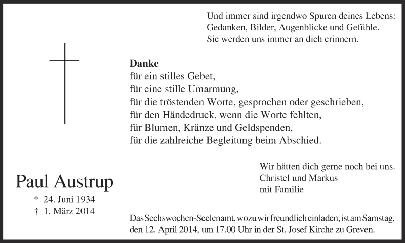  Traueranzeige für Paul Austrup vom 09.04.2014 aus Münstersche Zeitung und Grevener Zeitung