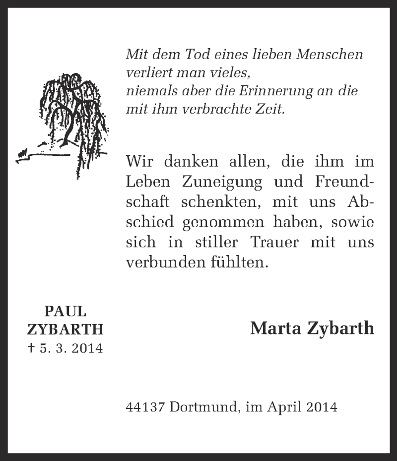  Traueranzeige für Paul Zybarth vom 05.04.2014 aus Ruhr Nachrichten