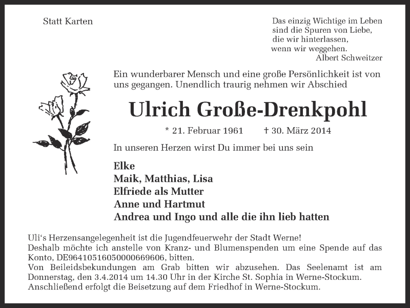  Traueranzeige für Ulrich Große-Drenkpohl vom 01.04.2014 aus Ruhr Nachrichten