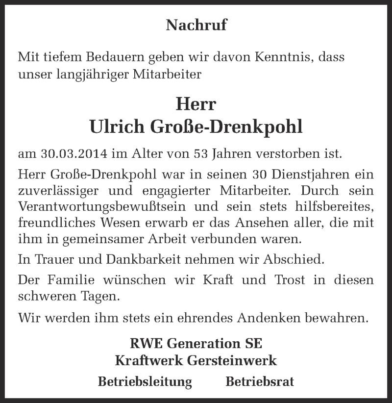  Traueranzeige für Ulrich Große-Drenkpohl vom 02.04.2014 aus Ruhr Nachrichten