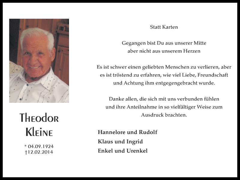  Traueranzeige für Theodor Kleine vom 03.04.2014 aus Ruhr Nachrichten