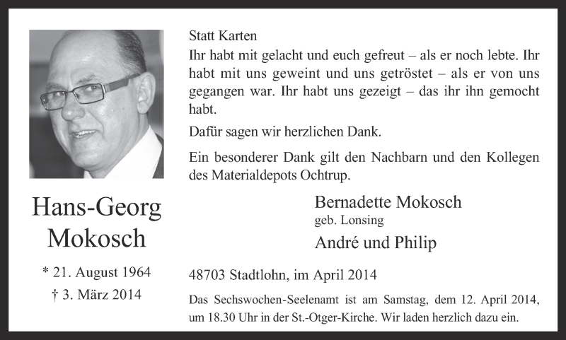  Traueranzeige für Hans-Georg Mokosch vom 09.04.2014 aus Münstersche Zeitung und Münsterland Zeitung