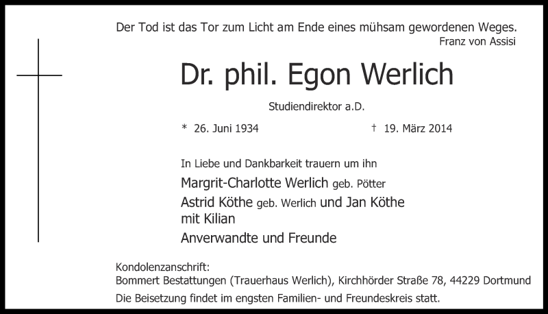  Traueranzeige für Egon Werlich vom 05.04.2014 aus Ruhr Nachrichten