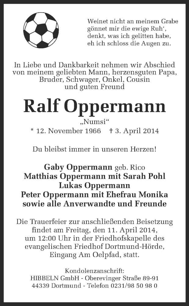  Traueranzeige für Ralf Oppermann vom 08.04.2014 aus Ruhr Nachrichten