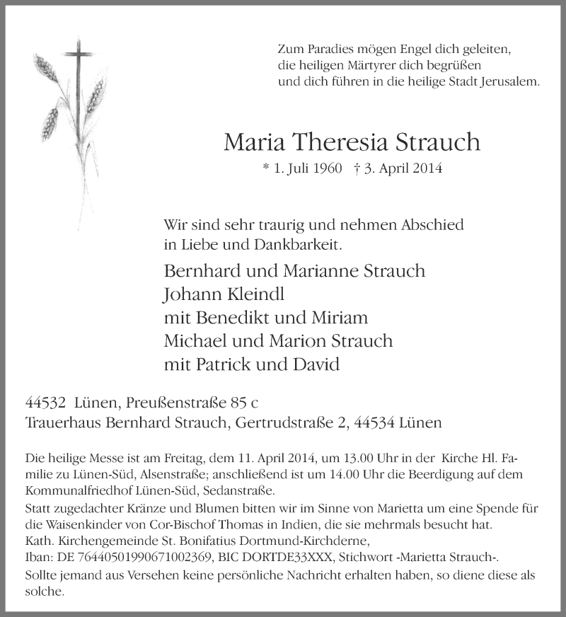  Traueranzeige für Maria Theresia Strauch vom 08.04.2014 aus Ruhr Nachrichten