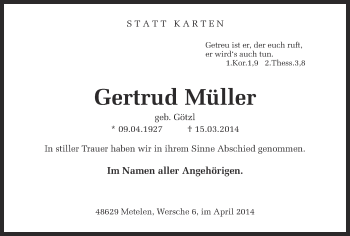 Traueranzeige von Gertrud Müller von Münstersche Zeitung und Grevener Zeitung