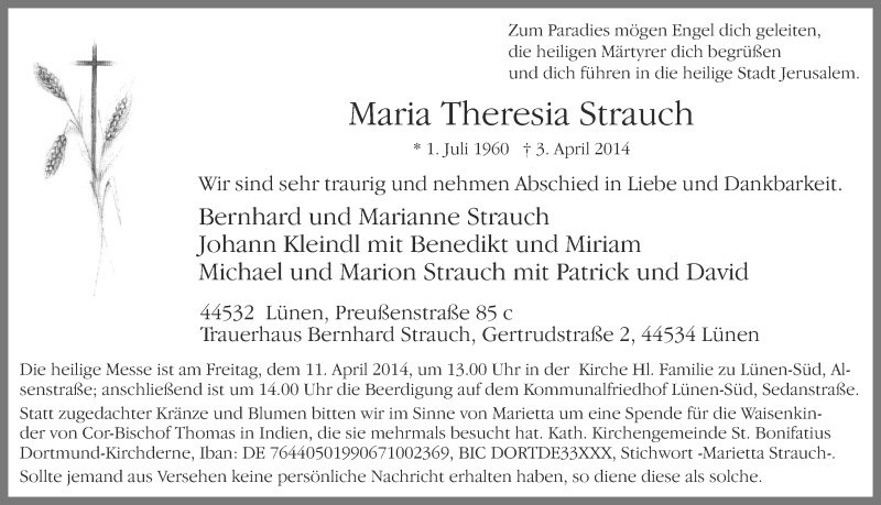  Traueranzeige für Maria Theresia Strauch vom 10.04.2014 aus Ruhr Nachrichten