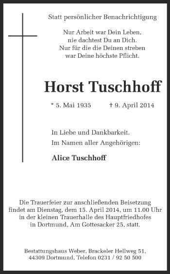 Traueranzeige von Horst Tuschhoff von Ruhr Nachrichten