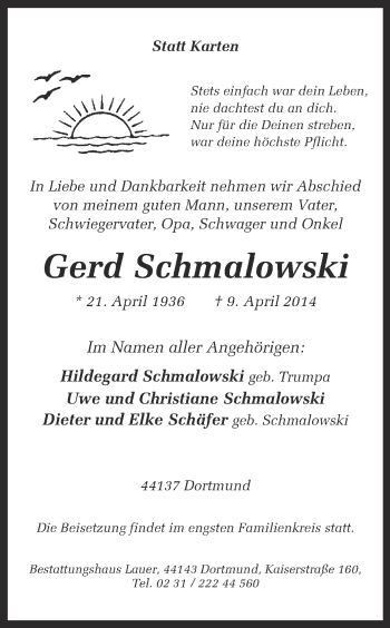 Traueranzeige von Gerd Schmalowski von Ruhr Nachrichten