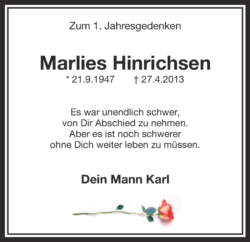 Traueranzeige für Marlies Hinrichsen vom 26.04.2014 aus Ruhr Nachrichten