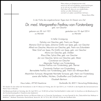 Traueranzeige von Margaretha Freifrau von Fürstenberg von Münstersche Zeitung und Grevener Zeitung