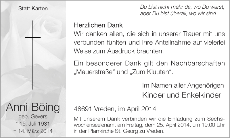  Traueranzeige für Anni Böing vom 23.04.2014 aus Münstersche Zeitung und Münsterland Zeitung