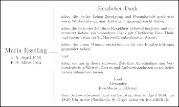 Traueranzeige von Maria Esseling von Münstersche Zeitung und Münsterland Zeitung