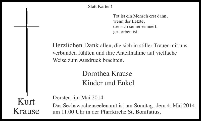  Traueranzeige für Kurt Krause vom 29.04.2014 aus Ruhr Nachrichten und Dorstener Zeitung