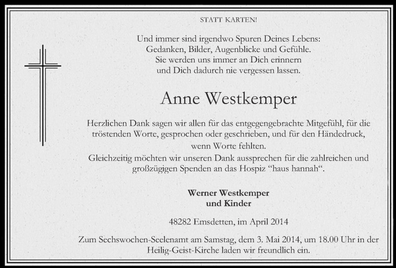  Traueranzeige für Anne Westkemper vom 30.04.2014 aus 