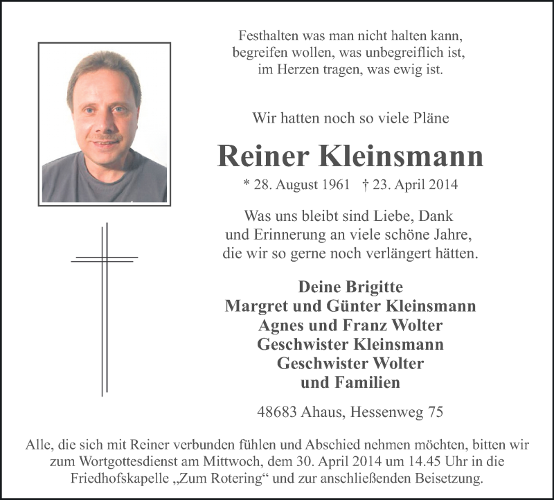  Traueranzeige für Reiner Kleinsmann vom 26.04.2014 aus Münstersche Zeitung und Münsterland Zeitung