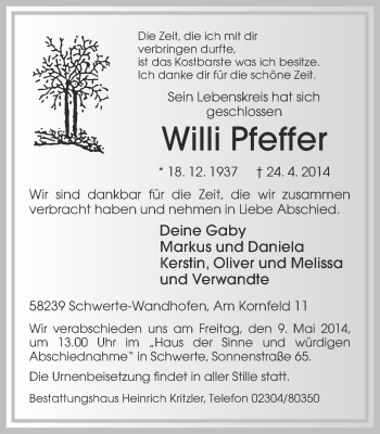 Traueranzeige von Willi Pfeffer von Ruhr Nachrichten