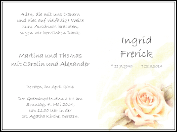 Traueranzeige von Ingrid Frerick von Ruhr Nachrichten und Dorstener Zeitung
