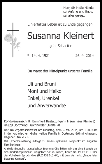 Traueranzeige von Susanna Kleinert von Ruhr Nachrichten