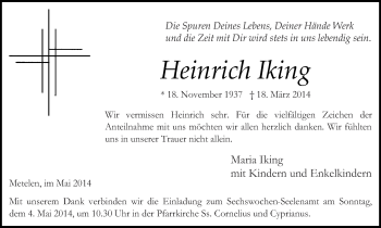 Traueranzeige von Heinrich Ilking 