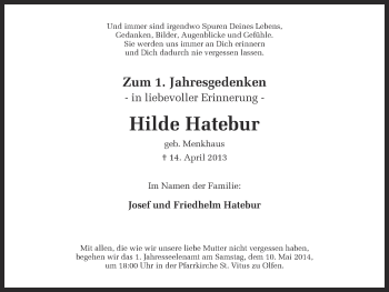 Traueranzeige von Hilde Hatebur von Ruhr Nachrichten