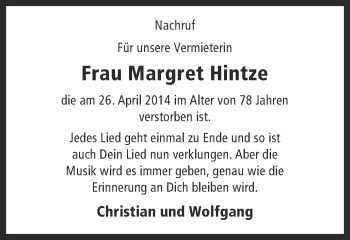 Traueranzeige von Margret Hintze von Münstersche Zeitung und Grevener Zeitung