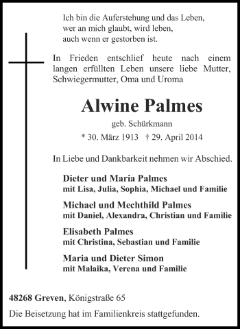 Traueranzeige von Alwine Palmes von Münstersche Zeitung und Grevener Zeitung