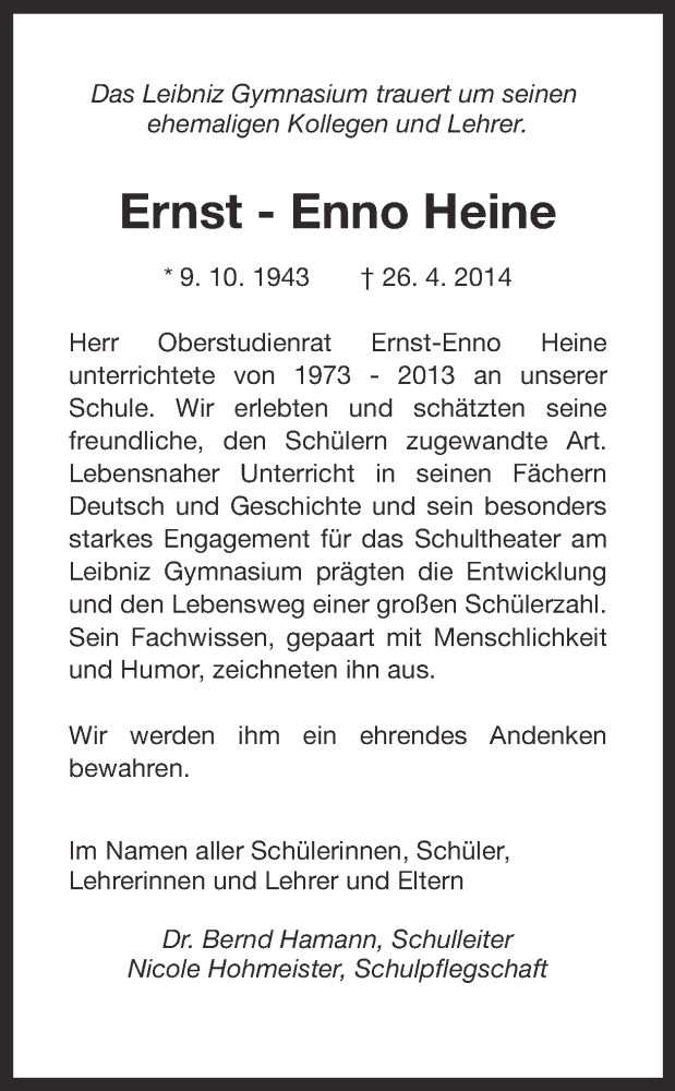  Traueranzeige für Ernst-Enno Heine vom 03.05.2014 aus Ruhr Nachrichten