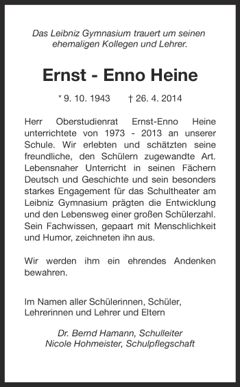 Traueranzeige von Ernst-Enno Heine von Ruhr Nachrichten
