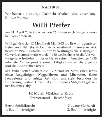 Traueranzeige von Willi Pfeffer von Ruhr Nachrichten