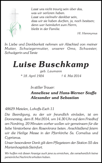 Traueranzeige von Luise Buschkamp 