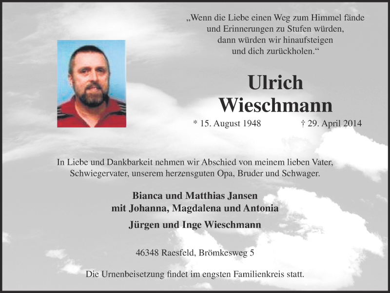  Traueranzeige für Ulrich Wieschmann vom 08.05.2014 aus Ruhr Nachrichten und Dorstener Zeitung