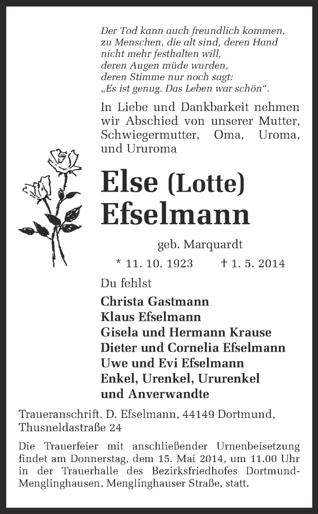  Traueranzeige für Else Efselmann vom 10.05.2014 aus Ruhr Nachrichten