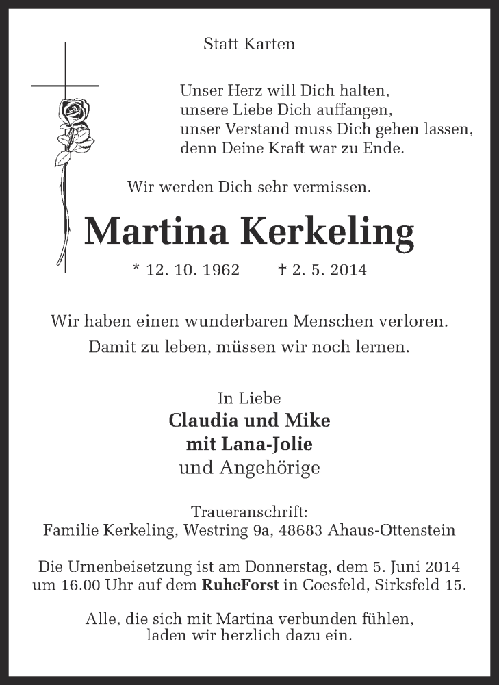  Traueranzeige für Martina Kerkeling vom 10.05.2014 aus Münstersche Zeitung und Münsterland Zeitung