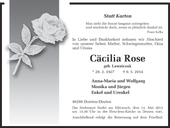 Traueranzeige von Cäcilia Rose von Ruhr Nachrichten und Dorstener Zeitung