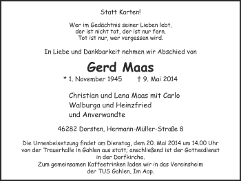 Traueranzeige von Gerd Maas von Ruhr Nachrichten und Dorstener Zeitung
