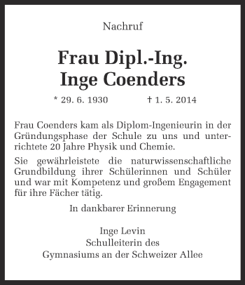 Traueranzeige von Inge Coenders von Ruhr Nachrichten