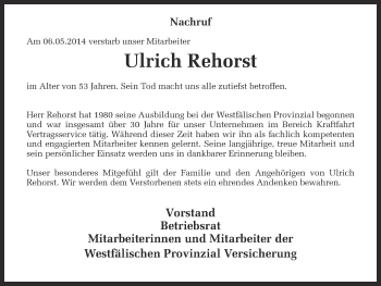 Traueranzeige von Ulrich Rehorst von Münstersche Zeitung und Grevener Zeitung