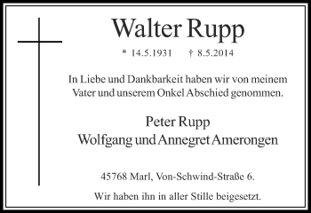 Traueranzeige von Walter Rupp von Ruhr Nachrichten und Dorstener Zeitung
