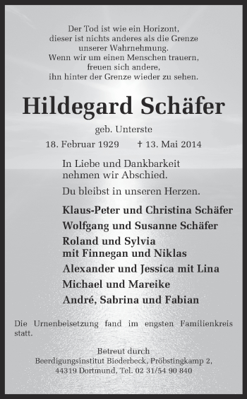 Traueranzeige von Hildegard Schäfer von Ruhr Nachrichten