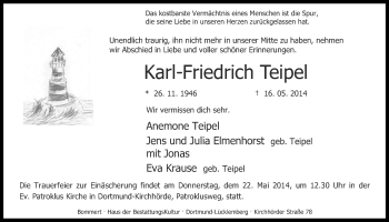 Traueranzeige von Karl-Friedrich Teipel von Ruhr Nachrichten