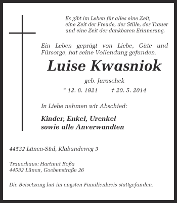 Traueranzeige von Luise Kwasniok von Ruhr Nachrichten